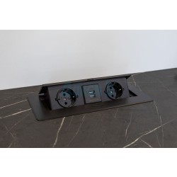 Socket with USB for mounting in a table top with a button cover, black