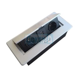 Socket with USB to be built into a table with a cover with a button, aluminum