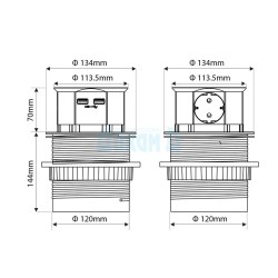 Socket with USB for embedding in a table, PUSH type, Wireless Charging