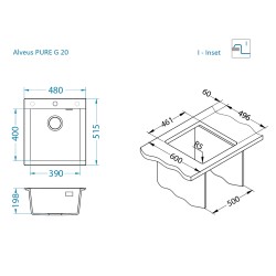 Granite kitchen sink Pure-G 20, for cabinet 50 cm