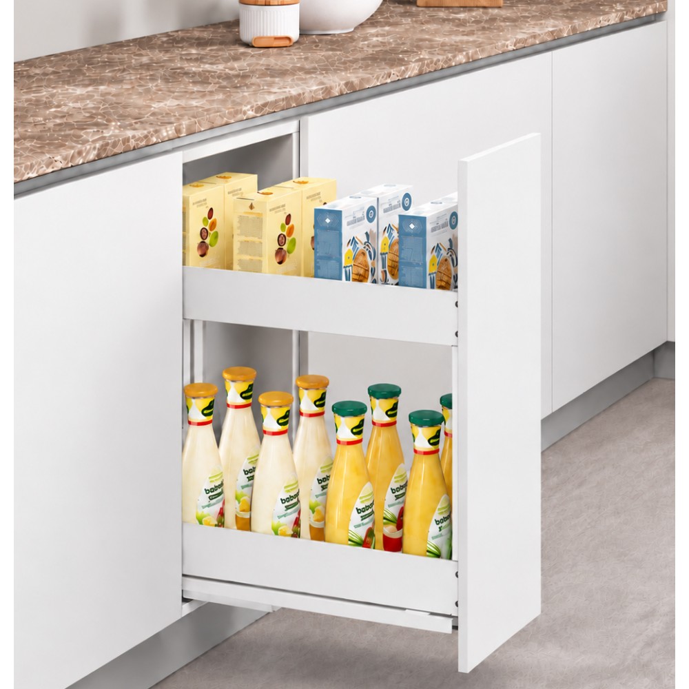 Two-tier pull-out basket with soft-close for 300mm cabinet, solid bottoms, M-Box, matte white