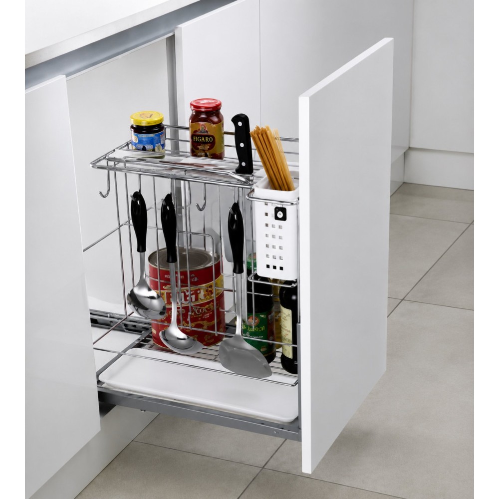 Three-tier pull-out basket for 300 mm and 400 mm cabinets, for bottles and accessories, chrome, Standard