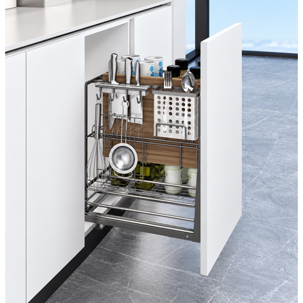 Three-tier pull-out basket with space for bottles and accessories with soft closing, for cabinet 300 mm, Premium, graphit