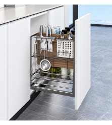 Three-tier pull-out basket with space for bottles and accessories with soft closing, for cabinet 300 mm, Premium, graphit