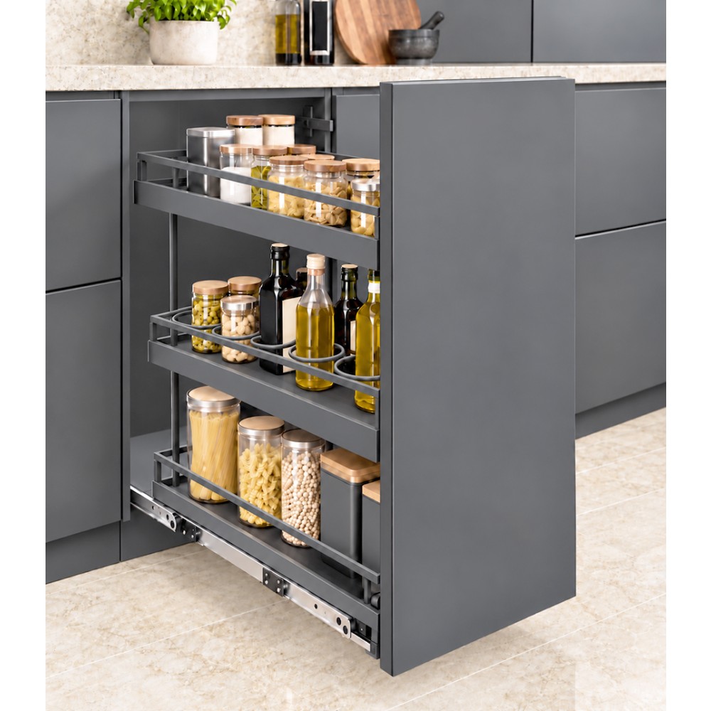 Three-tier pull-out basket with soft-closing for cabinet 450 with solid bottoms, Premium, graphite