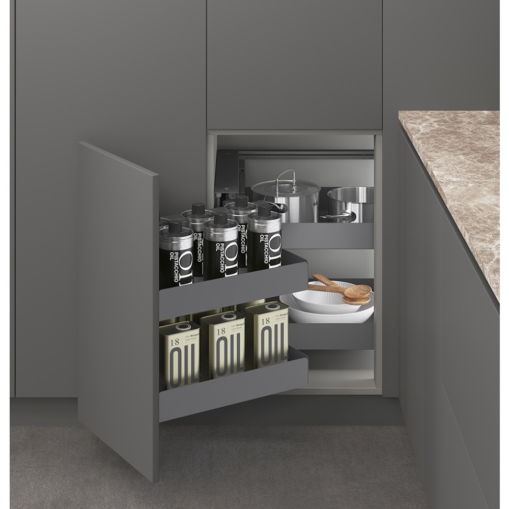 Mechanism for a blind cabinet for front mounting with solid metal baskets, M-Box, graphite
