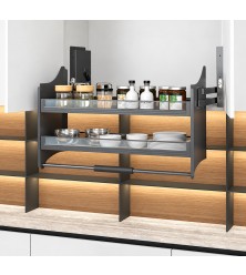 Drop-down mechanism for upper cabinet with solid bottom from carbon steel and glass bascet
