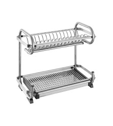 Dish rack standing in two rows with metal tray, open