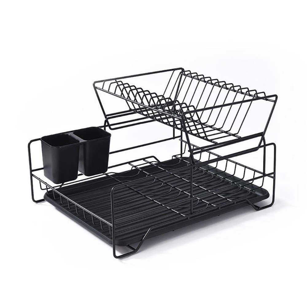 Drainer-dryer for plates and utensils standing black mat with plastic tray Drainer-dryer for plates and utensils standing black mat with plastic tray