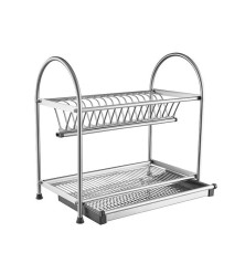 Dish rack standing in two rows with a metal tray